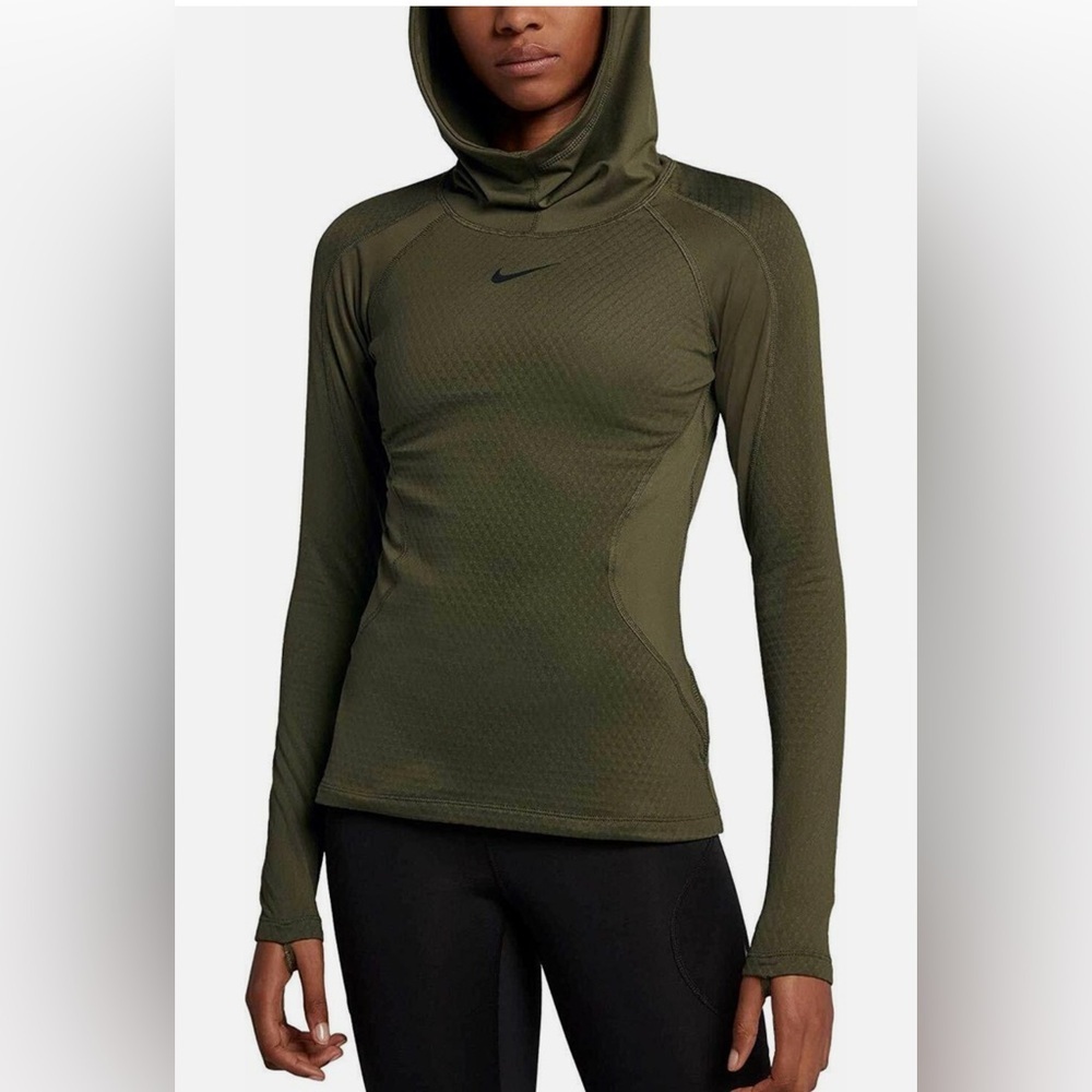 Nike Top Pro Hyperwarm Green Fitted Hoodie Sweatshirt Mock Neck Long Sleeve